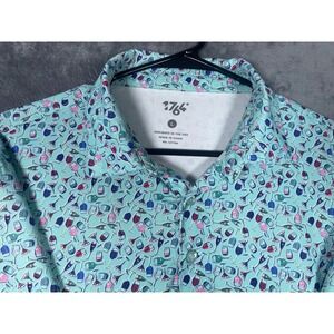1764 Mens Golf Polo Shirt Size Large Teal Cocktail Wine Glass Print Performance